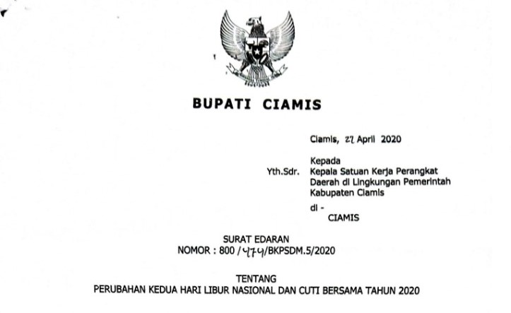 Surat Edaran Bupati : Perubahan Kedua Hari Libur Nasional Dan Cuti Bersama Tahun 2020