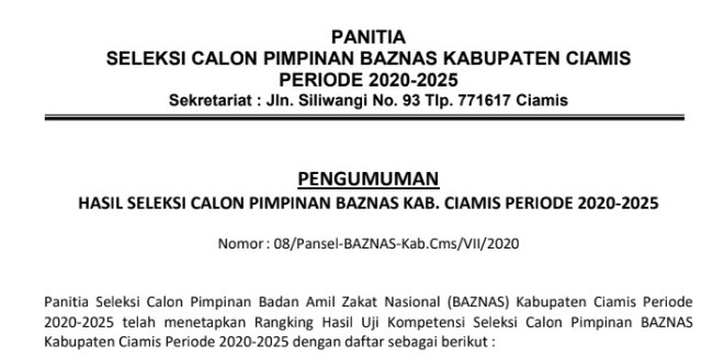 Hasil Seleksi Calon Pimpinan Baznas Kabupaten Ciamis Periode 2020-2025