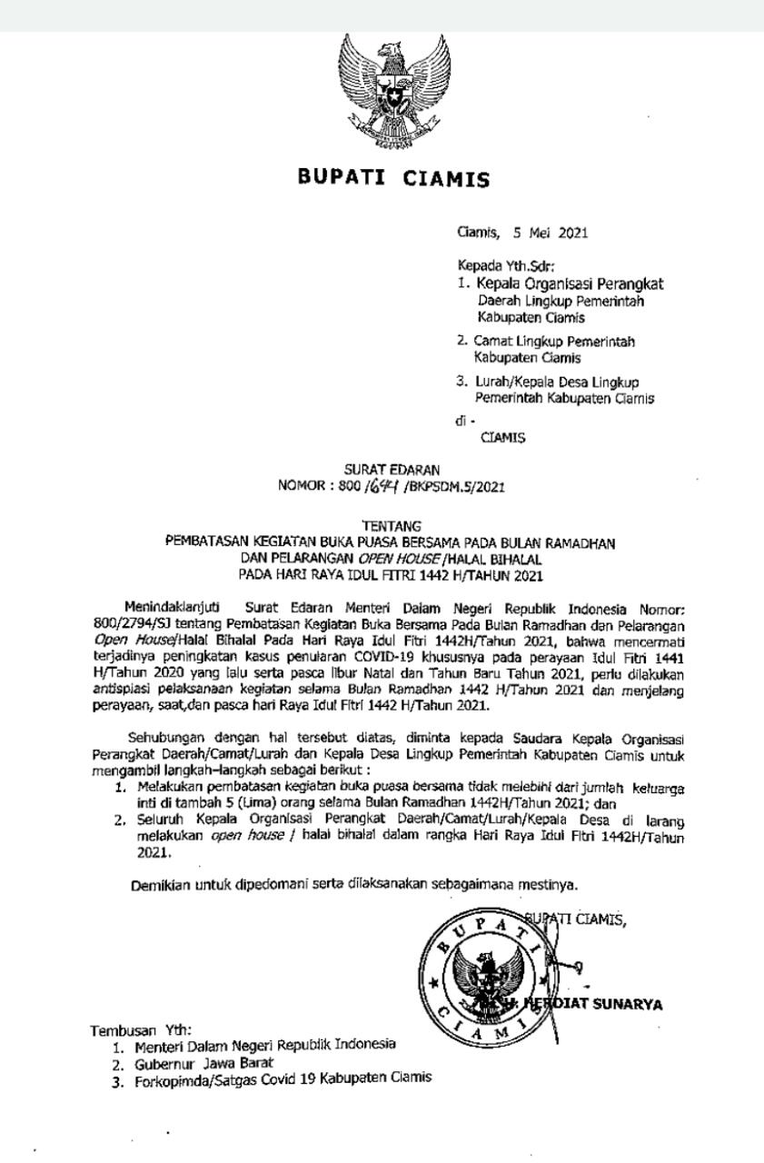 SE Bupati Ciamis Nomor: 800/644/BKPSDM.5/2021 Tentang Pembatasan Kegiatan Buka Puasa Bersama pada Bulan Ramadhan dan Pelarangan Open House/Halal Bihalal pada Hari Raya Idul Fitri 1442H/Tahun 2021