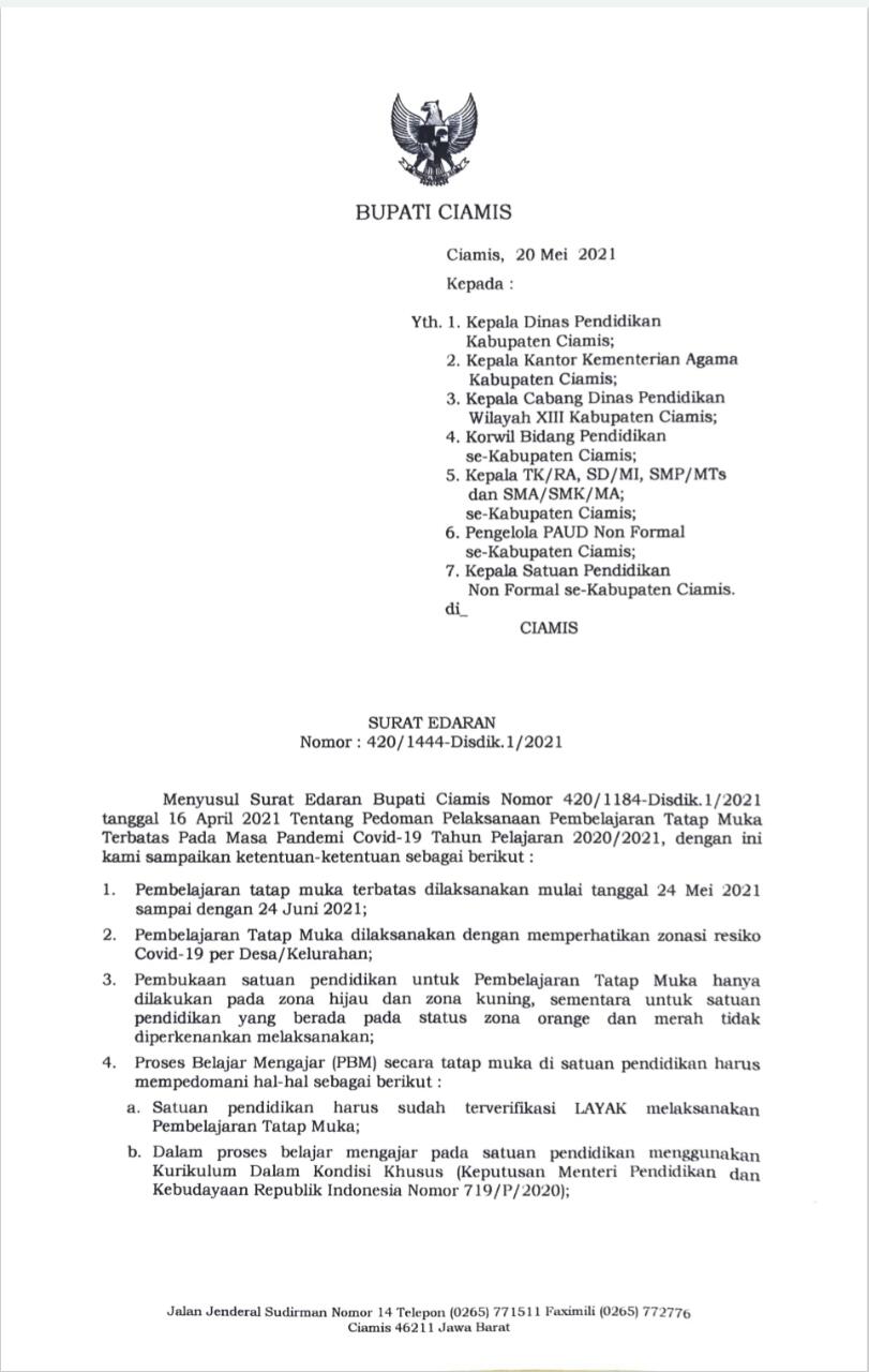 SE No 420/1444-Disdik.1/2021 tentang pedoman pelaksanaan pembelajaran tatap muka terbatas  mulai tanggal 24 Mei SD 24 Juni 2021