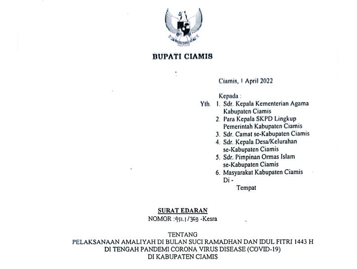 SE Bupati Ciamis Tentang Pelaksanaan Amaliyah di Bulan Suci Ramadhan dan Idul Fitri 1443 H di Tengah Pandemi Covid-19 di Kabupaten Ciamis