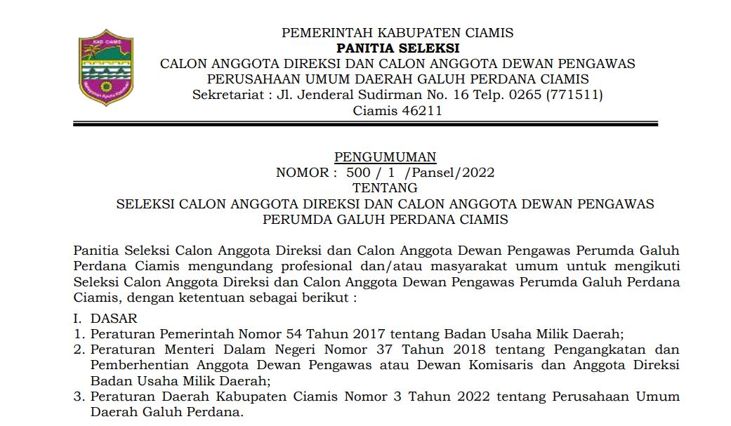Seleksi Calon Anggota Direksi dan Calon Anggota Dewan Pengawas Perumda Galuh Perdana Ciamis.
