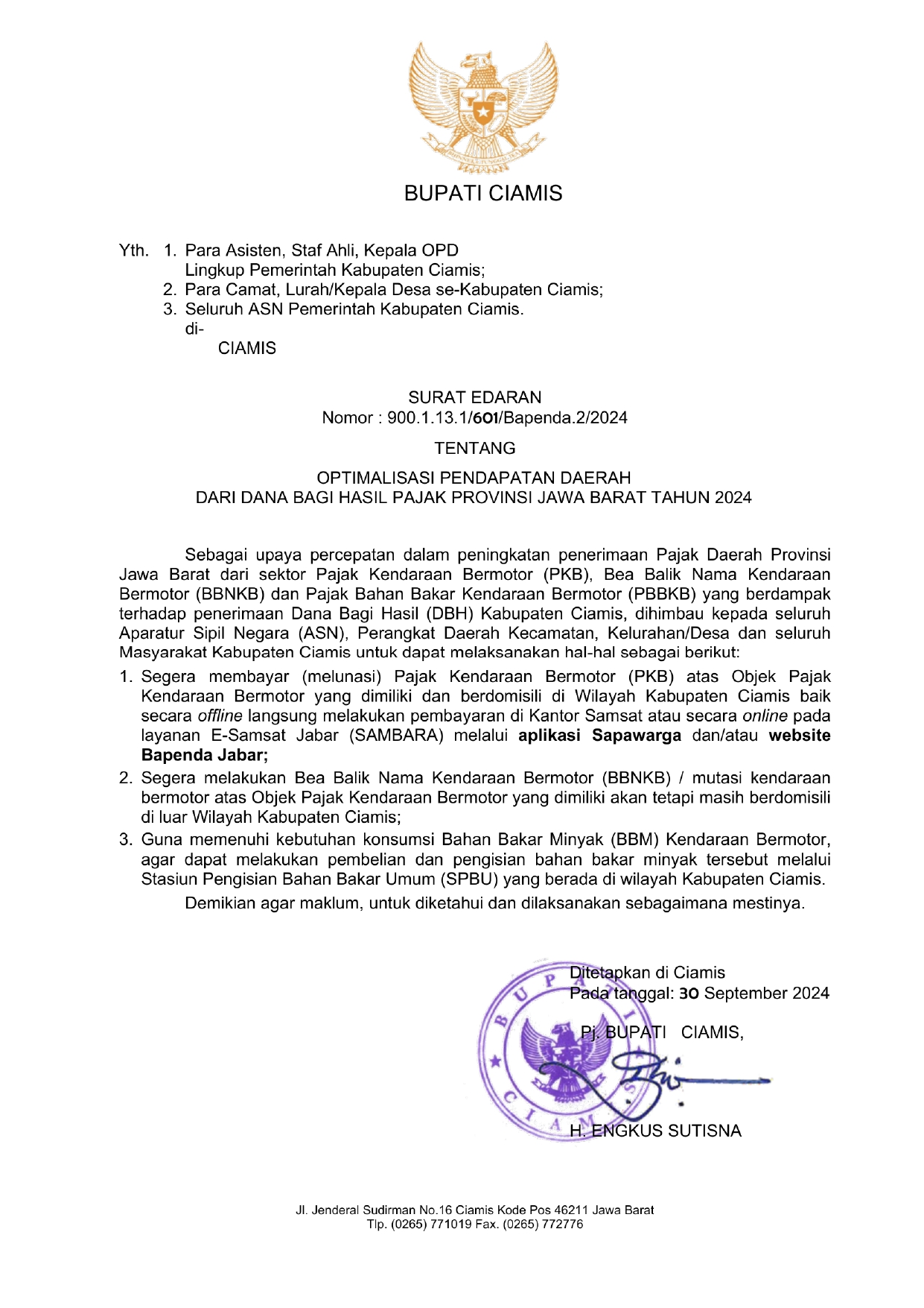 Surat Edaran Bupati Ciamis Tentang Optimalisasi Pendapatan Daerah dari Dana Bagi Hasil Pajak Provinsi Jawa Barat Tahun 2024