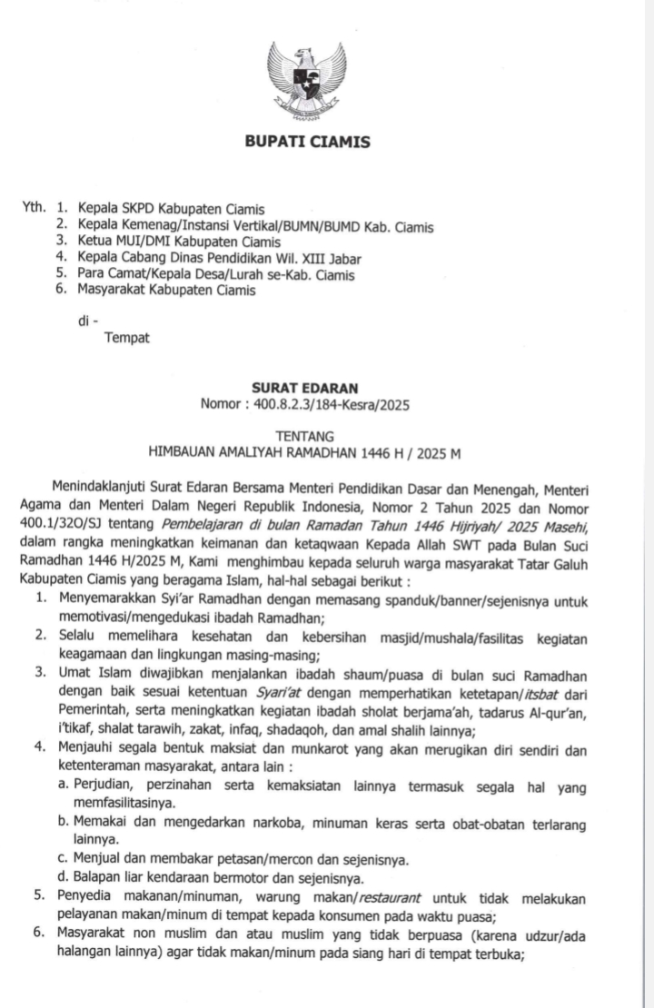 Surat Edaran Bupati Ciamis Tentang Himbauan Amaliyah Ramadhan 1446 H